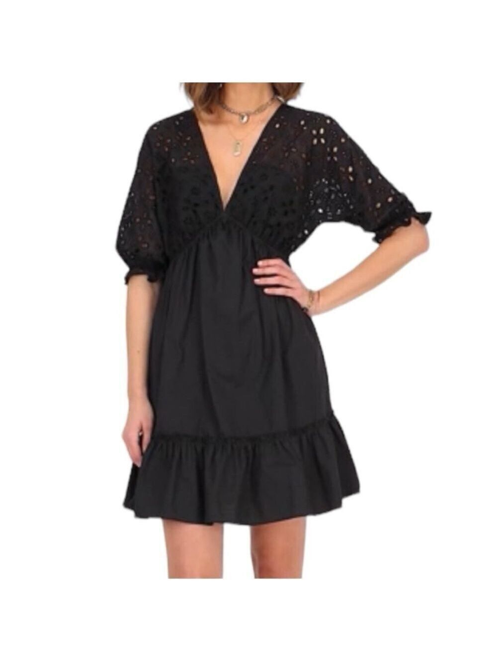 HWA APPAREL PLUNGE DRESS WITH BRODERIE EYELET UPPER IN COTTON BLEND SZ L